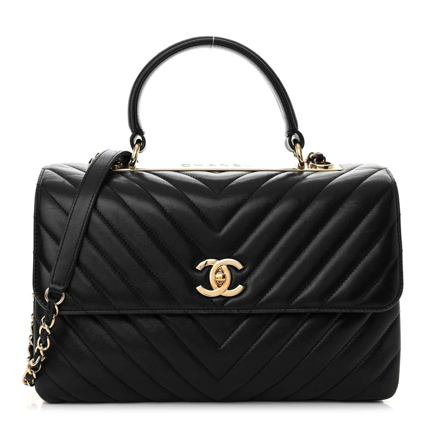 Lambskin Chevron Quilted Medium Trendy CC Dual Handle Flap Bag Black