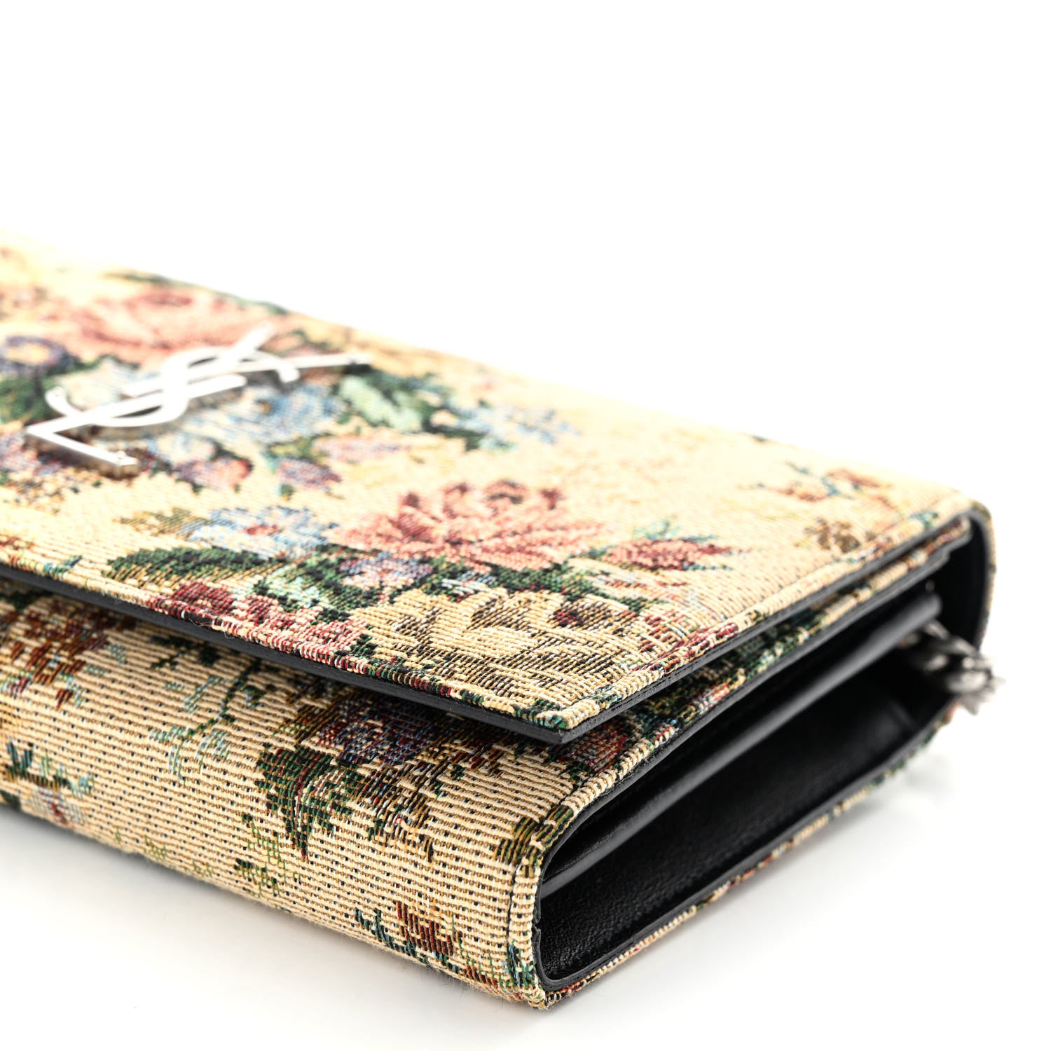 Saint Laurent Tapestry Bouquet Monogram Chain Wallet Beige Rogue Blue 9 of 9
