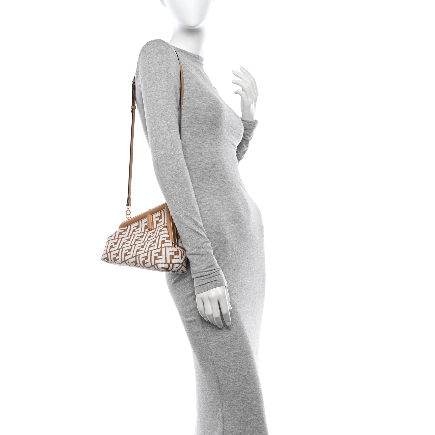 Fendi Raffia Chenille Shiny Nappa FF 1974 Small Fendi First Natural White Miele Scuro 3 of 12