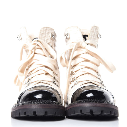 Chanel Tweed Patent Lambskin Quilted Lace Up Boots 38.5 Ivory Black 13 of 22