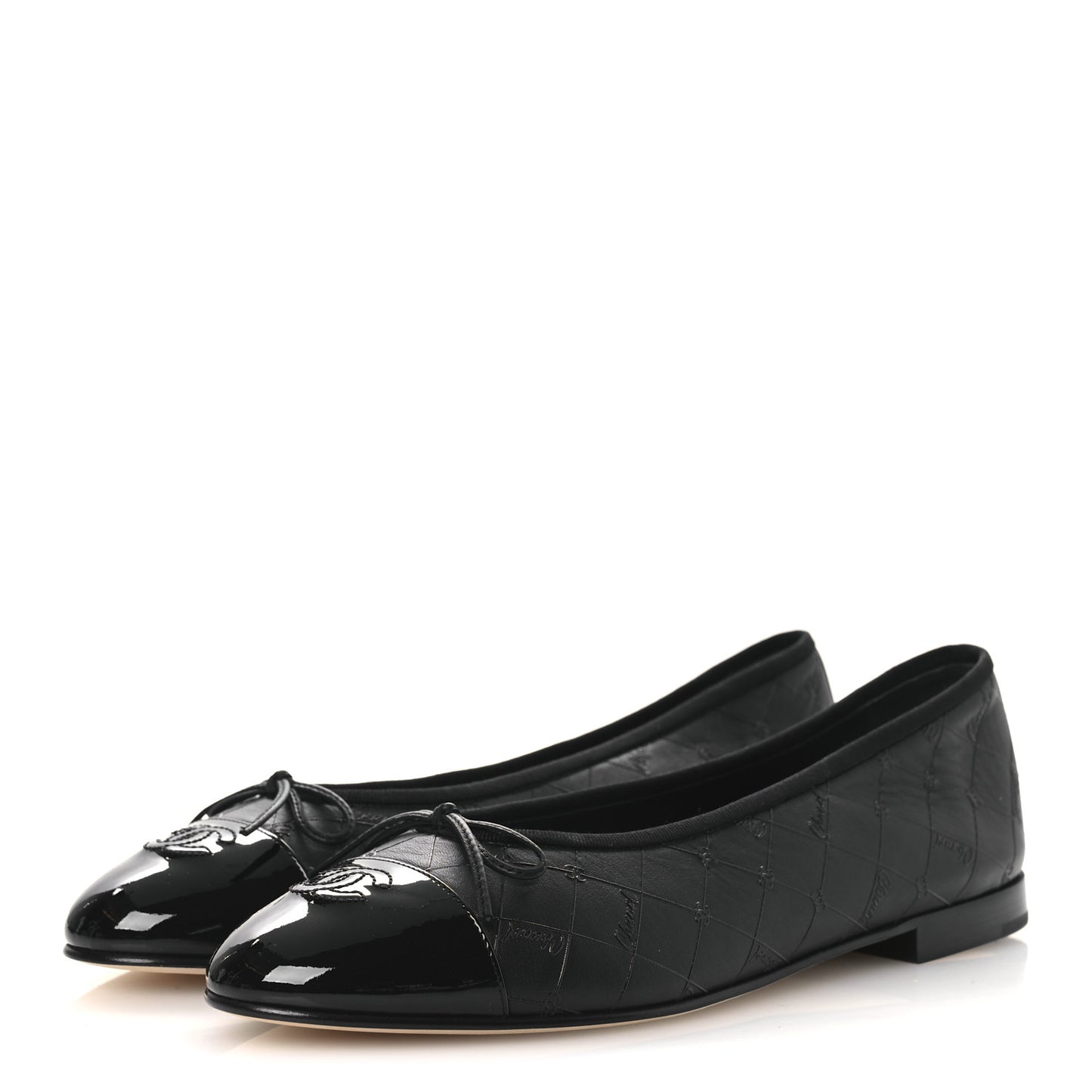 Printed Lambskin Patent Cap Toe Ballerina Flats 42 Black