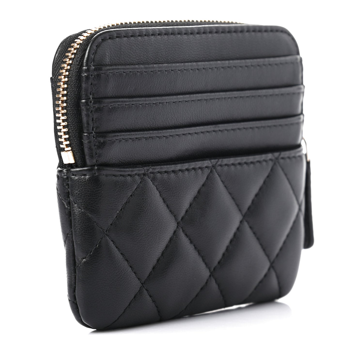 Lambskin Quilted Zip Card Holder Wallet Black