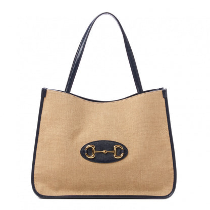 Gucci Vintage Rice Canvas Calfskin Horsebit 1955 Tote Bag Beige Black 1 of 8