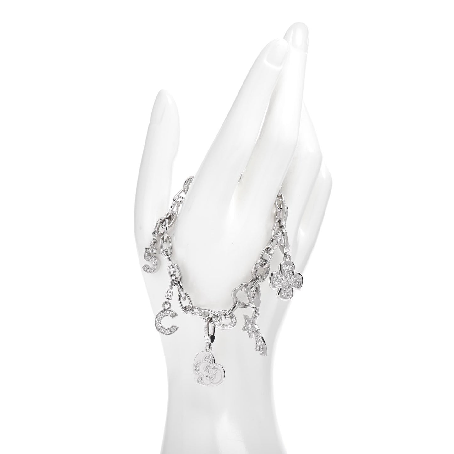 18K White Gold Diamond Interlocking Five Charm Bracelet
