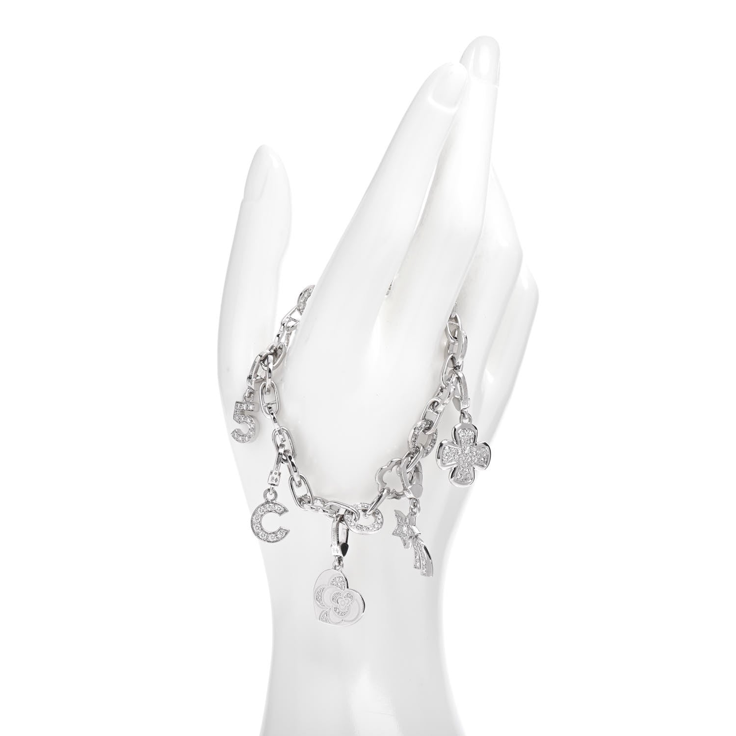 Chanel 18K White Gold Diamond Interlocking Five Charm Bracelet 2 of 4