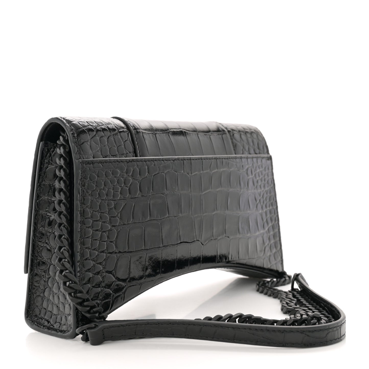 Shiny Calfskin Monochrome Crocodile Embossed Hourglass Chain Bag Black