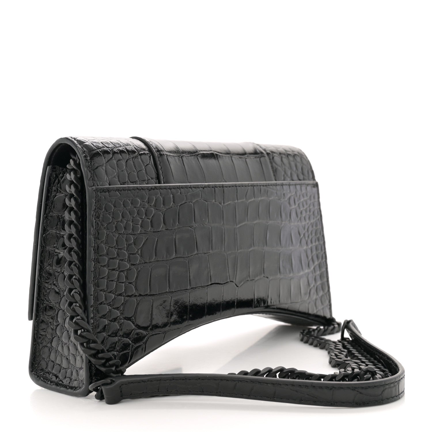 Balenciaga Shiny Calfskin Monochrome Crocodile Embossed Hourglass Chain Bag Black 3 of 12