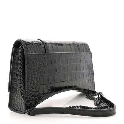 Balenciaga Shiny Calfskin Monochrome Crocodile Embossed Hourglass Chain Bag Black 3 of 12