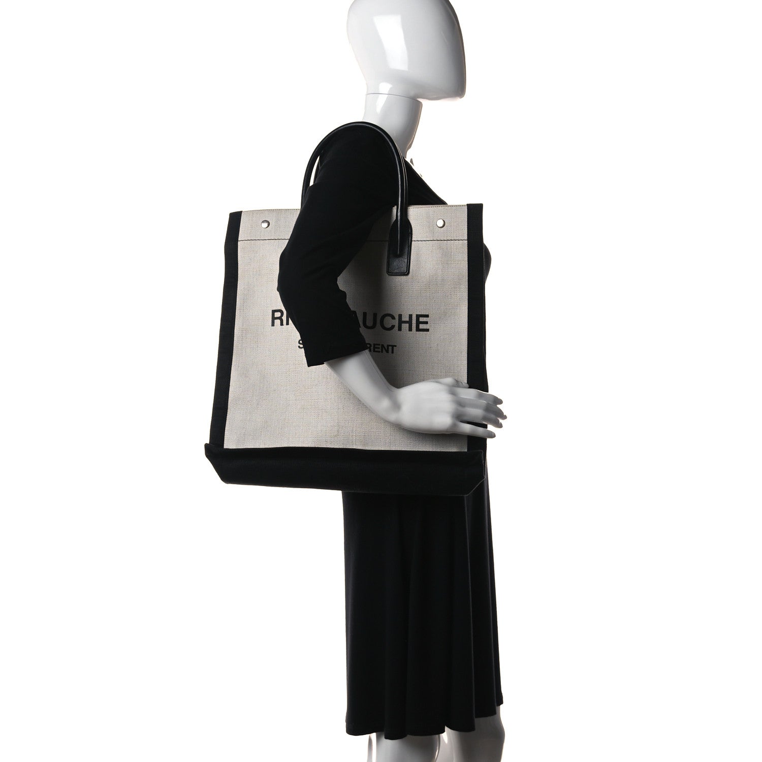 Saint Laurent Linen Calfskin Rive Gauche North South Tote White Black 2 of 9