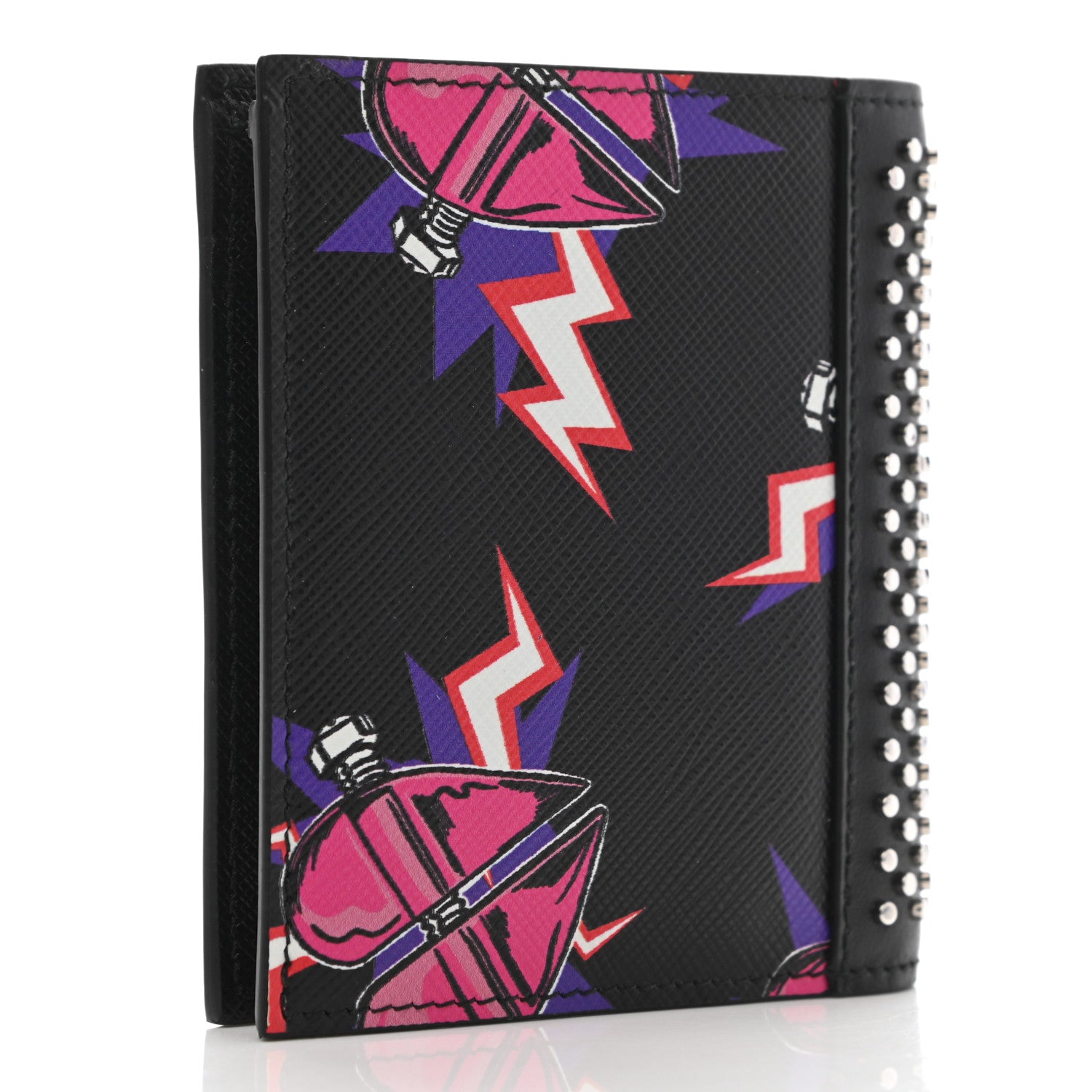 Prada X UNIVERSAL STUDIOS Saffiano Frankenstein Heart Studded Bi-Fold Wallet Fuxia 3 of 7