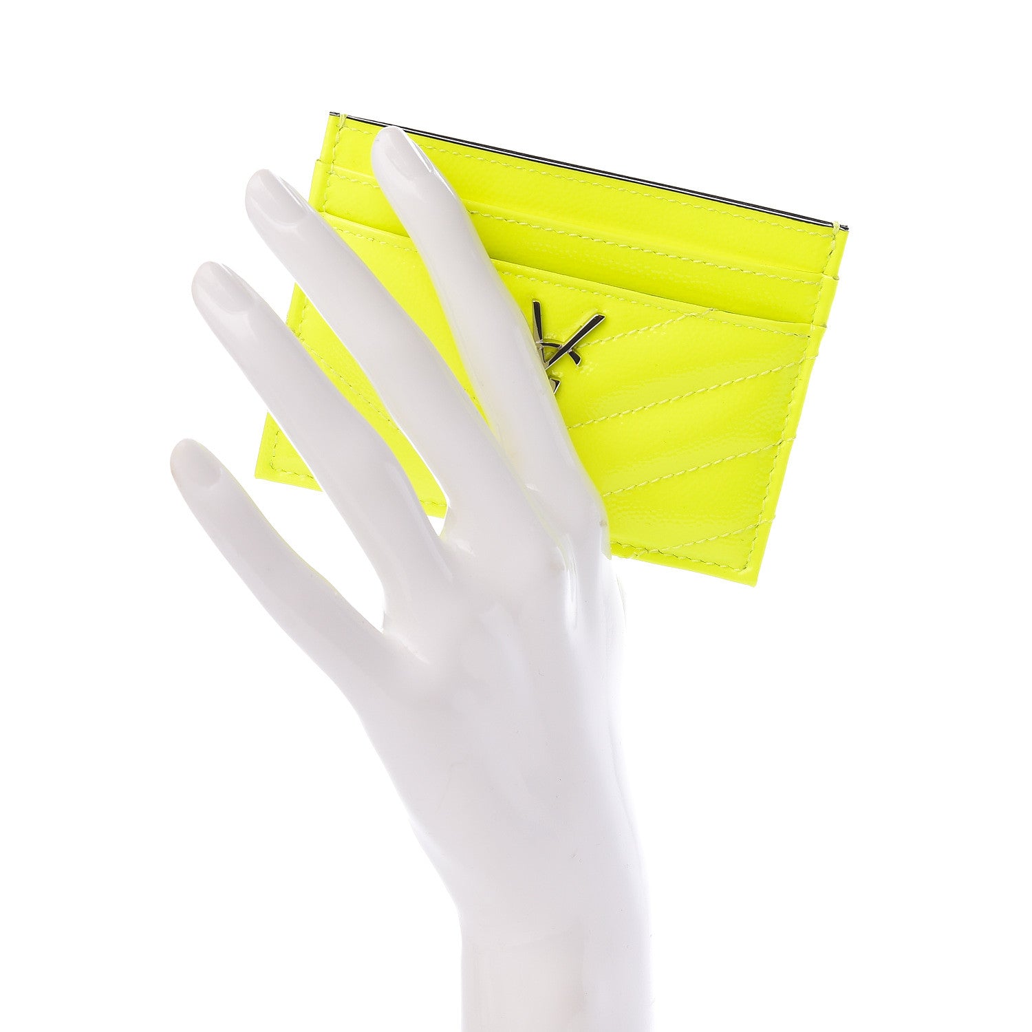 Saint Laurent Patent Grain De Poudre Matelasse Chevron Monogram Credit Card Case Neon Yellow 2 of 9