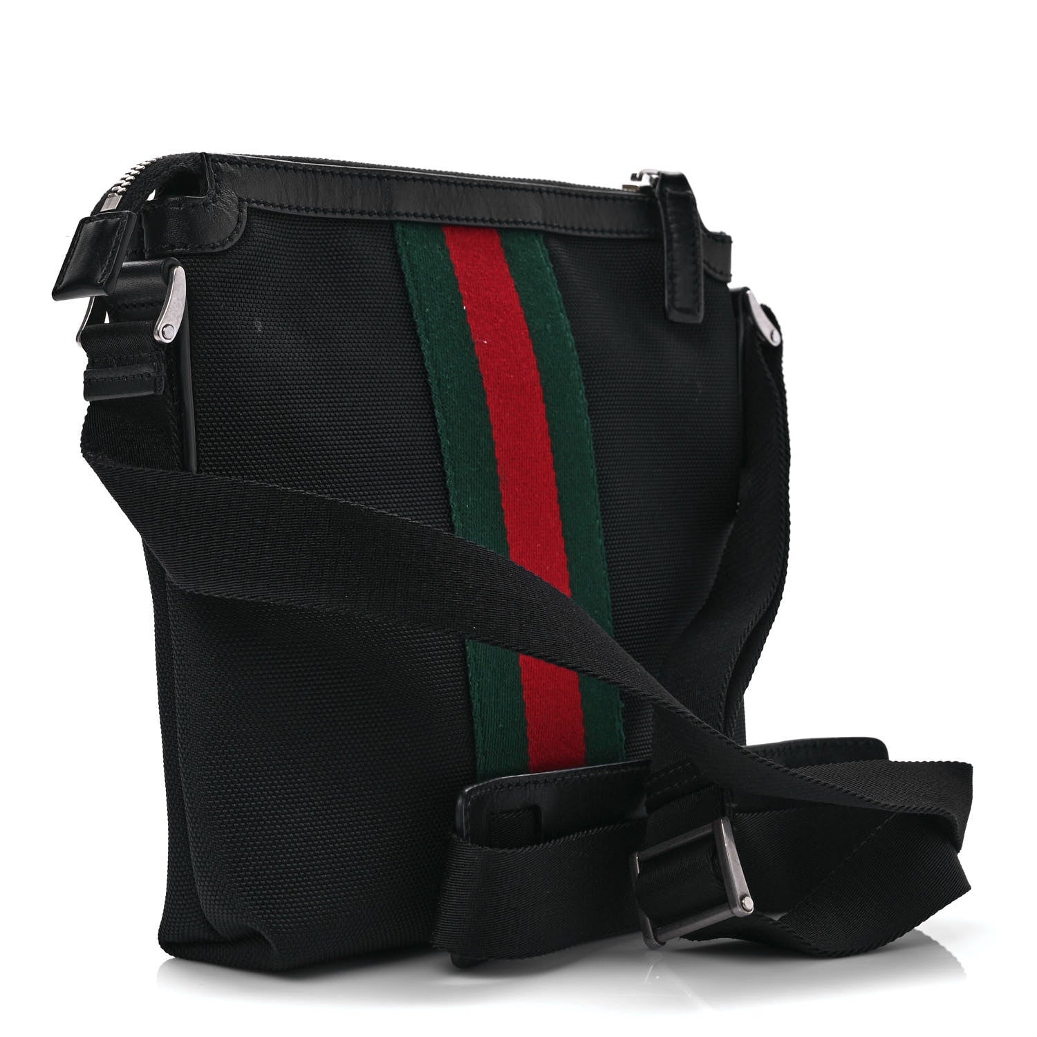 Gucci Techno Canvas Selleria Calfskin Web Small Flat Messenger Bag Black 2 of 8