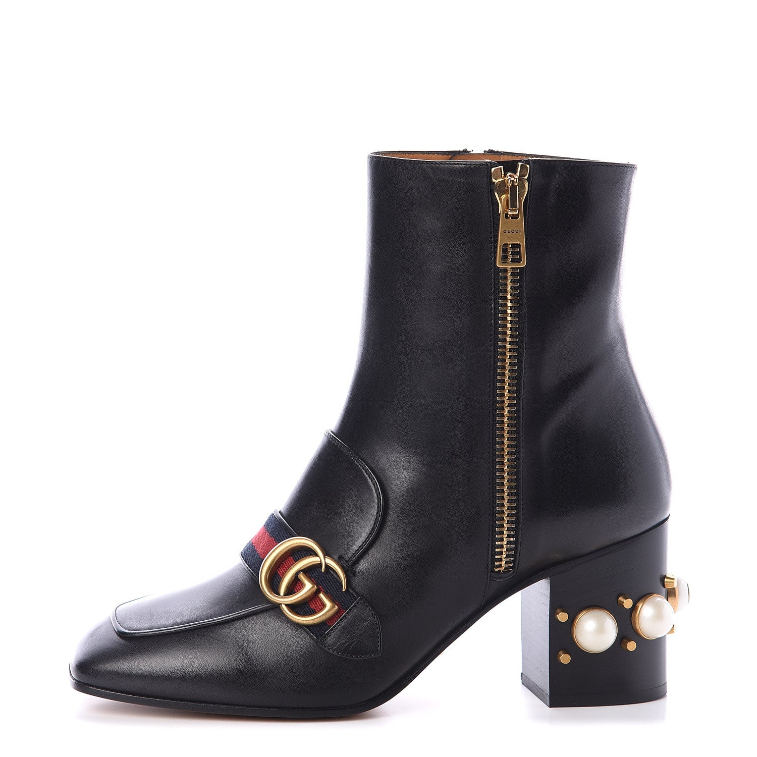 Gucci Betis Glamour Calfskin Web Pearl Embellished Peyton 75mm Ankle Boots 40.5 Black 1 of 6