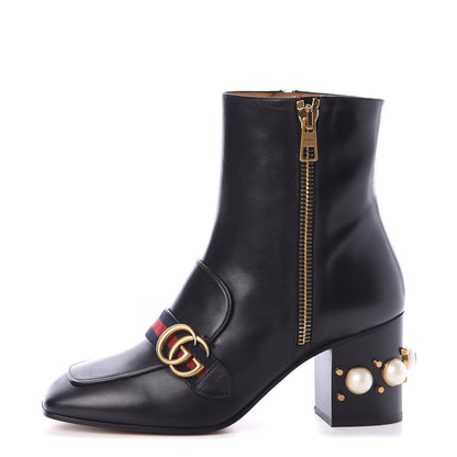 Gucci Betis Glamour Calfskin Web Pearl Embellished Peyton 75mm Ankle Boots 40.5 Black 1 of 6