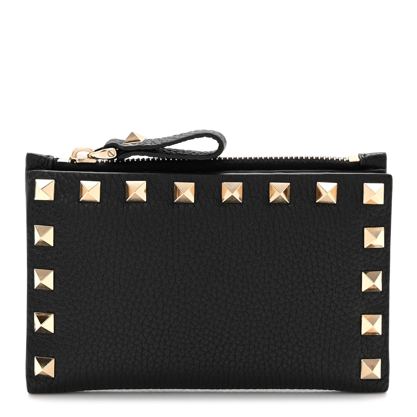 Pebbled Calfskin Rockstud Coin Case Card Holder Black