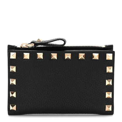 Valentino Garavani Pebbled Calfskin Rockstud Coin Case Card Holder Black 1 of 7