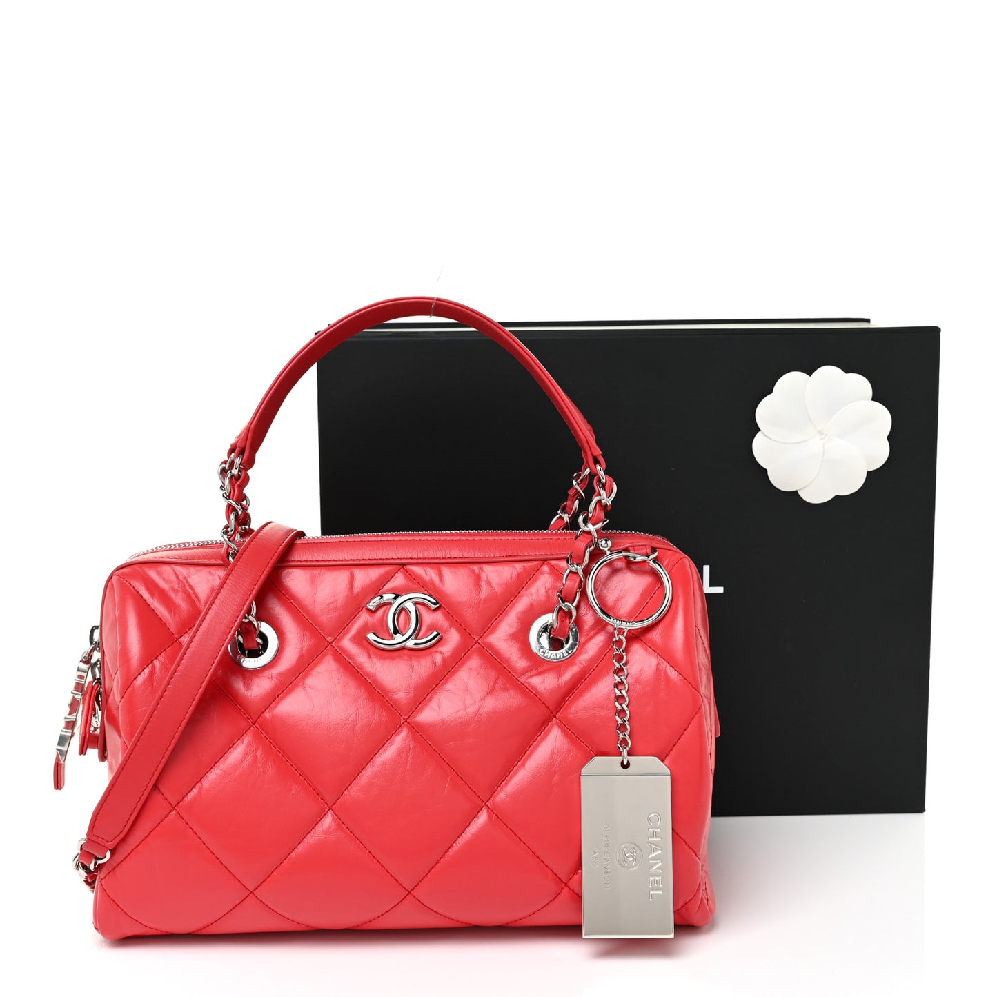 Calfskin Quilted Small CC Bowling Bag Red