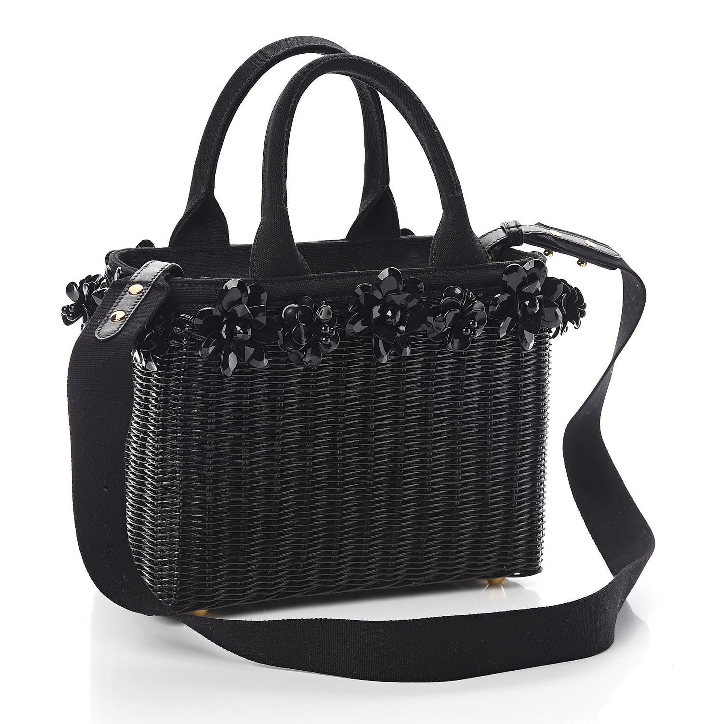 Wicker Canvas Floral Embellished Shoulder Bag Black