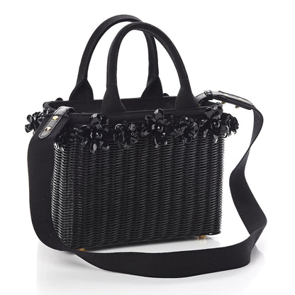 Prada Wicker Canvas Floral Embellished Shoulder Bag Black 3 of 9