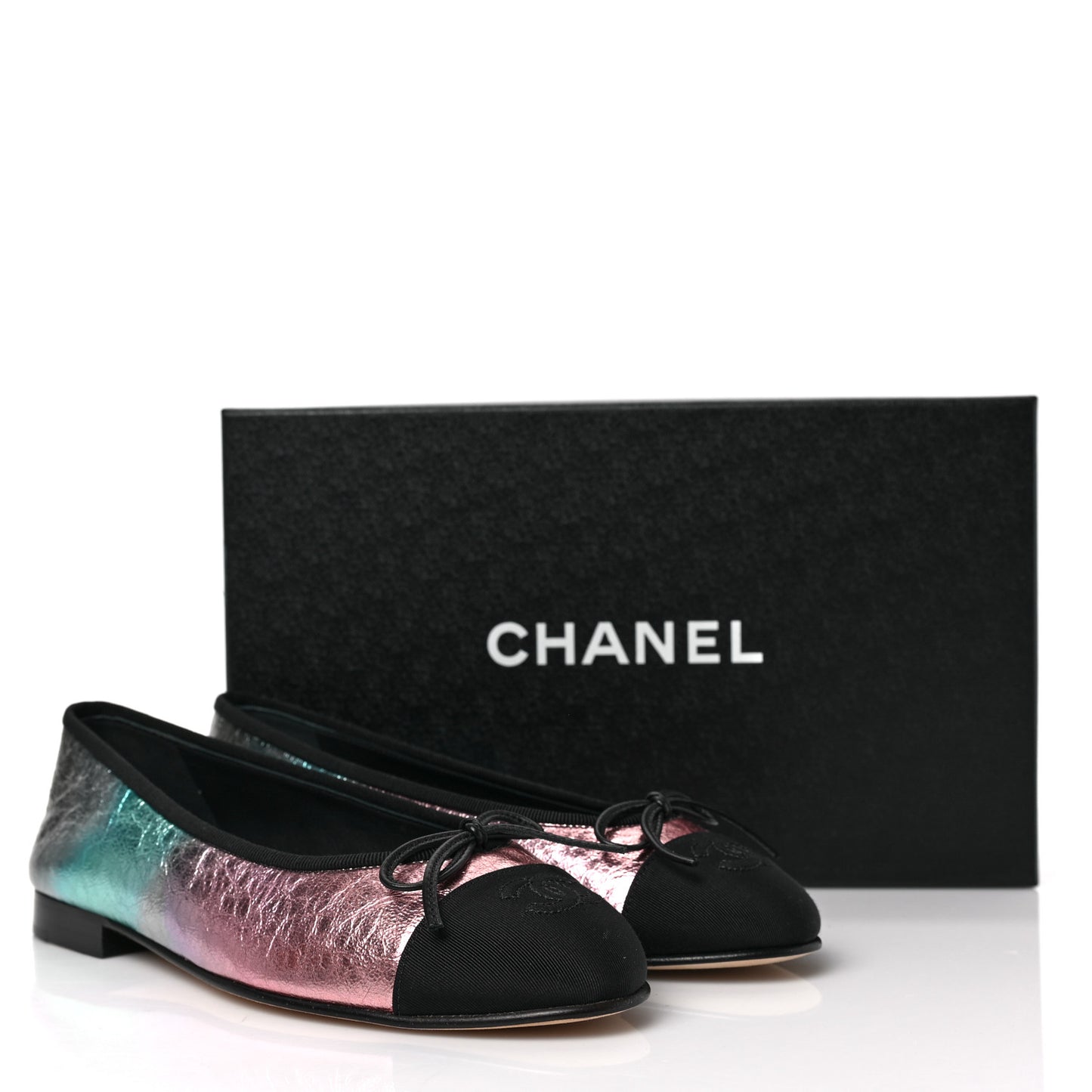 Laminated Calfskin Grosgrain Cap Toe CC Ballerina Flats 37 Multicolor Black