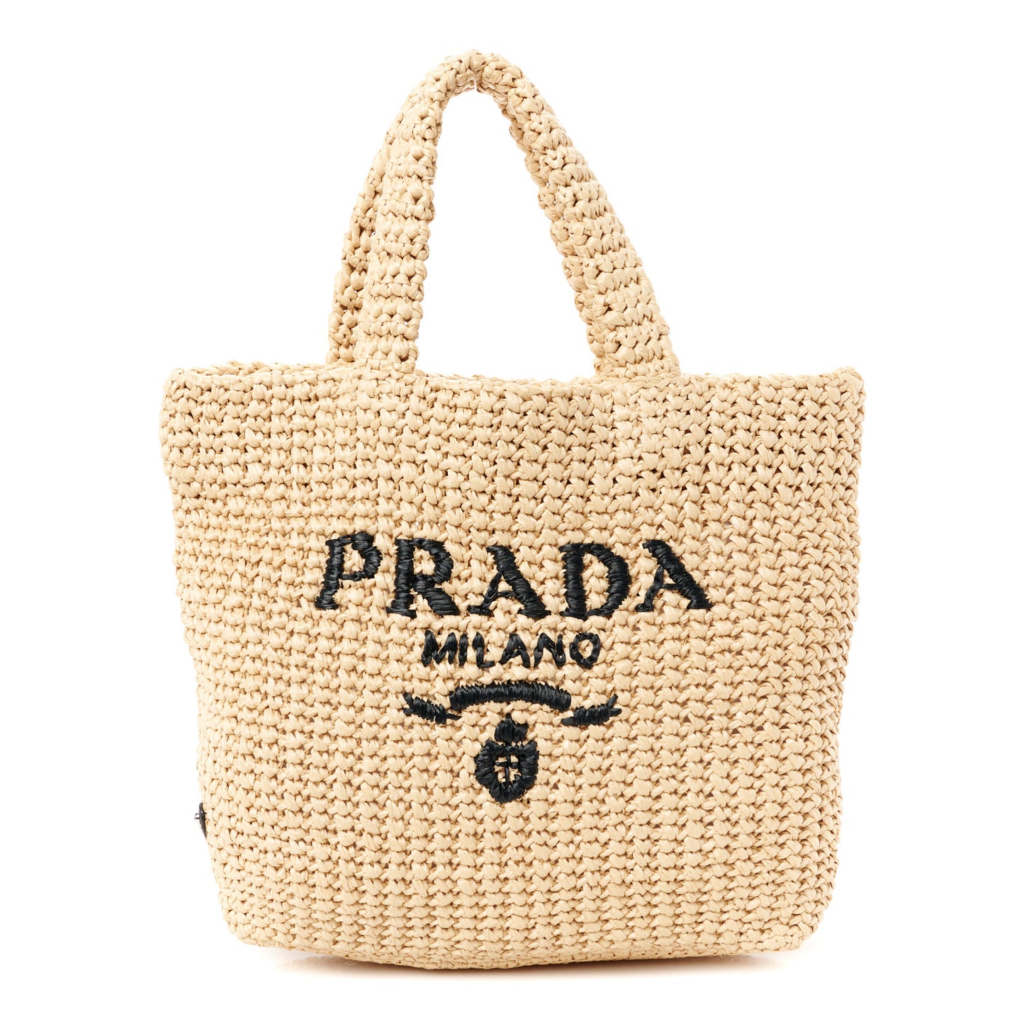 Yarn Raffia Effect Crochet Embroidered Small Logo Tote Naturale
