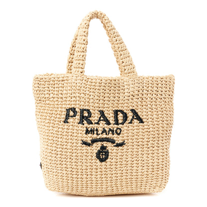 Prada Yarn Raffia Effect Crochet Embroidered Small Logo Tote Naturale 1 of 11