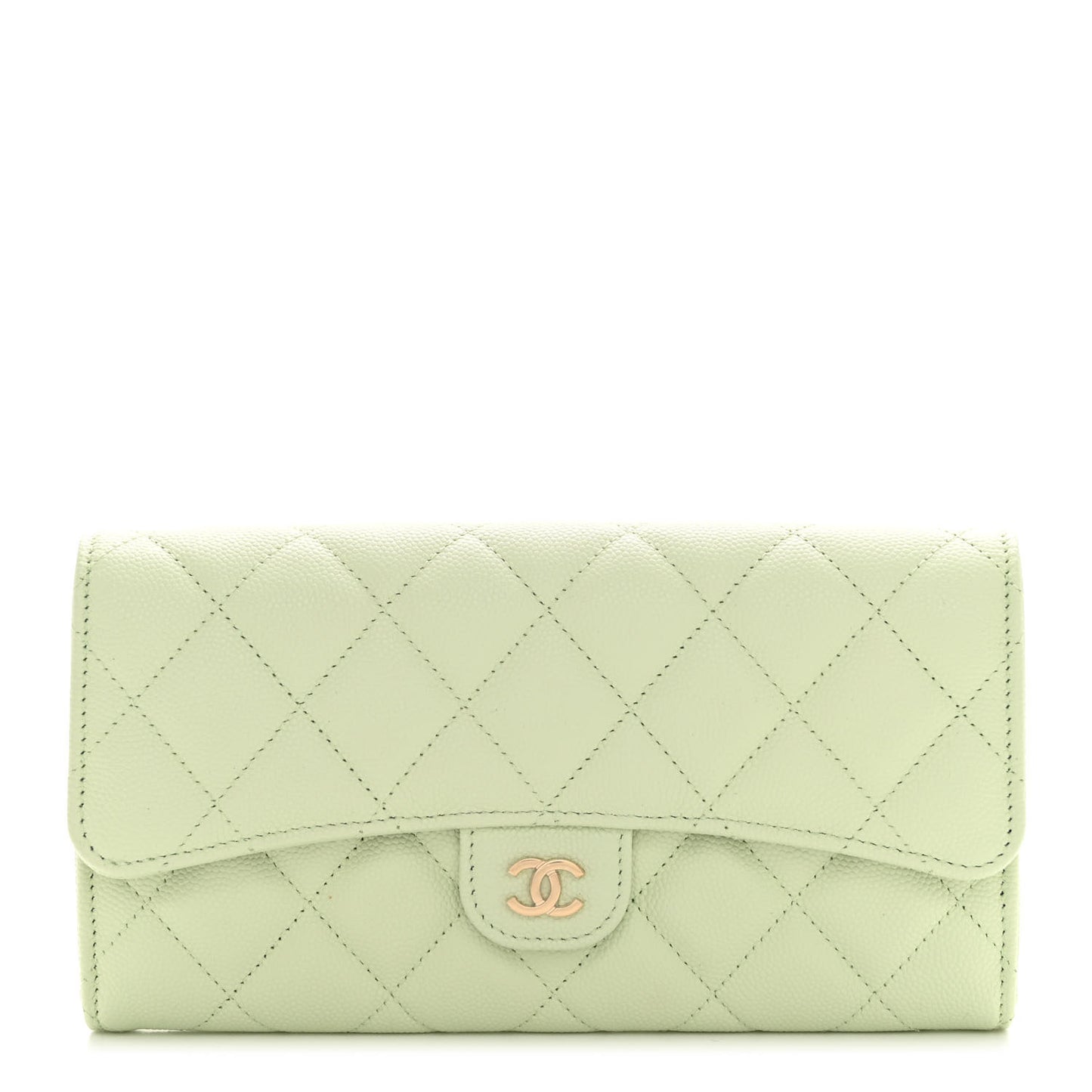 Caviar Quilted Large Gusset Flap Wallet Light Green