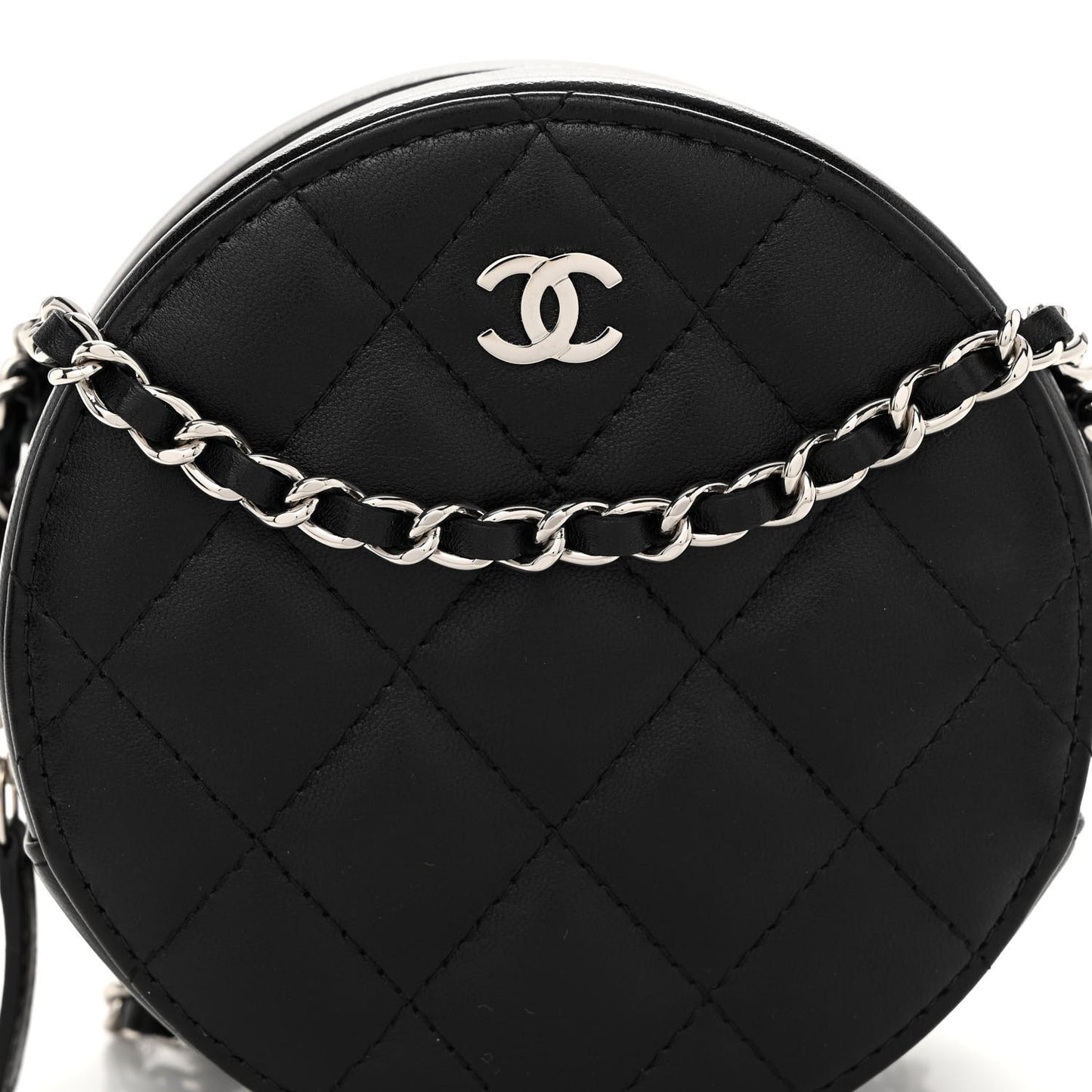 Lambskin Quilted Round Clutch With Chain Black