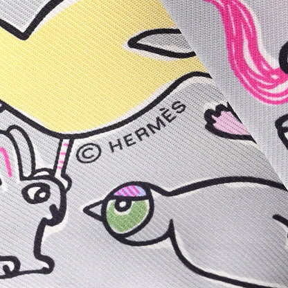 Hermes Silk Mille Et Un Lapins Twilly Gris Perle Rose Jaune 4 of 4