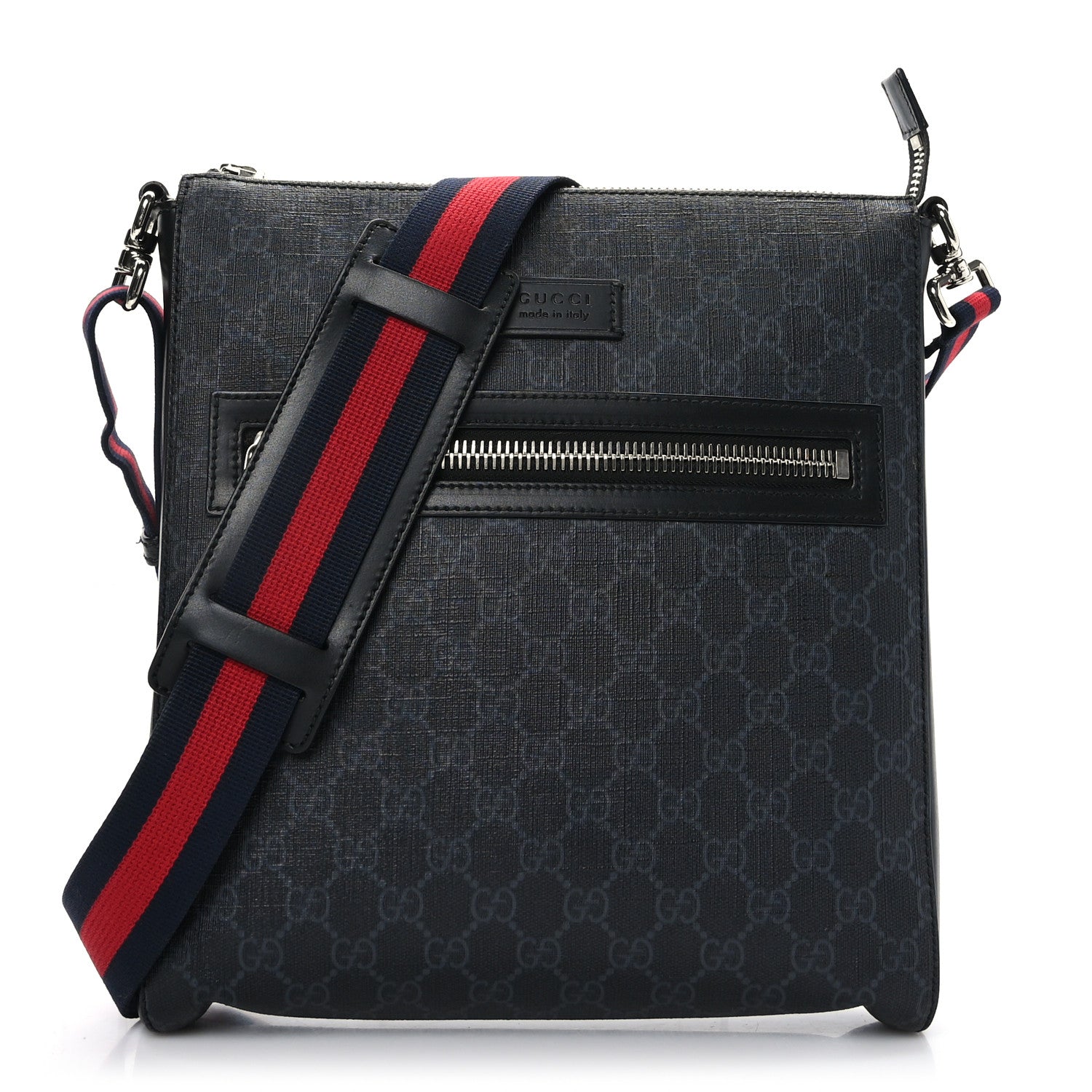 Gucci GG Supreme Monogram Appia Calfskin Web Flat Messenger Bag Black Grey 1 of 10