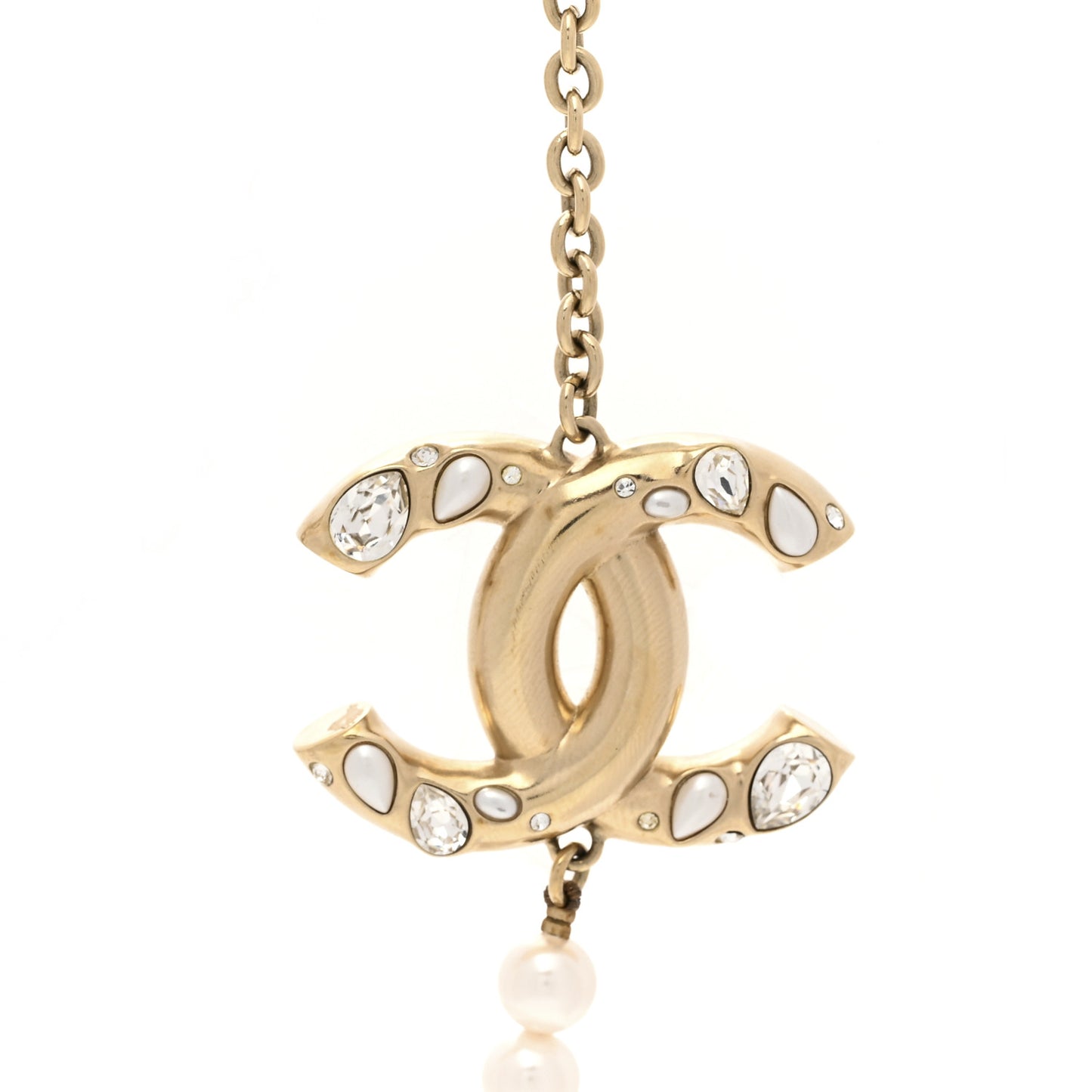 Metal Pearl Crystal Chain CC Long Necklace Gold