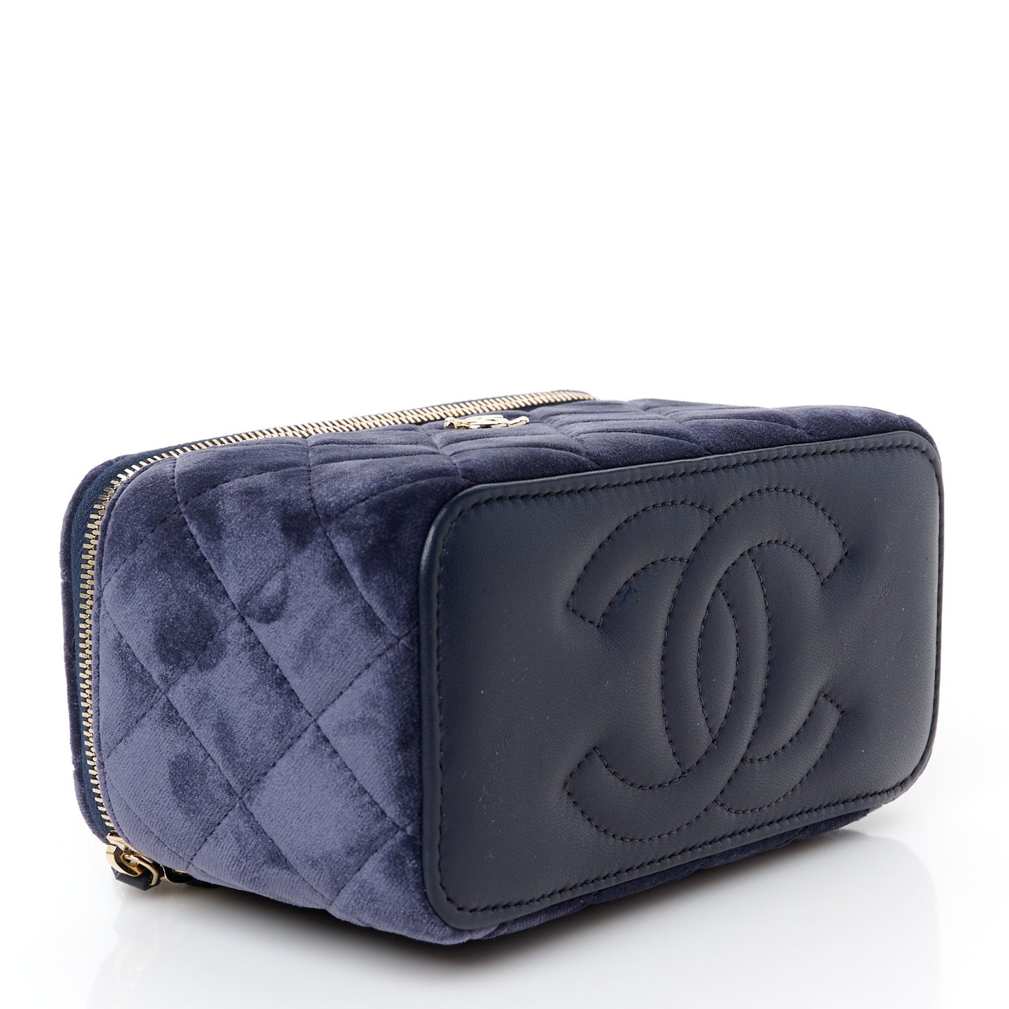 Velvet Quilted Small Pearl Crush Vanity Case Navy