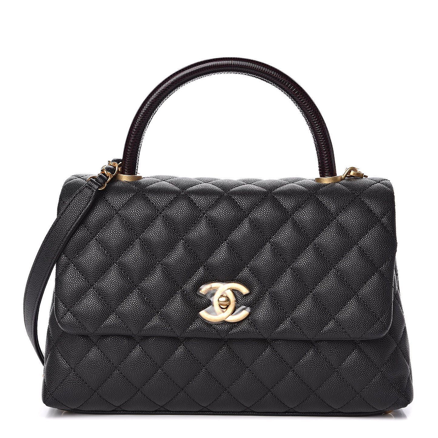 Caviar Lizard Embossed Quilted Small Coco Handle Flap Black