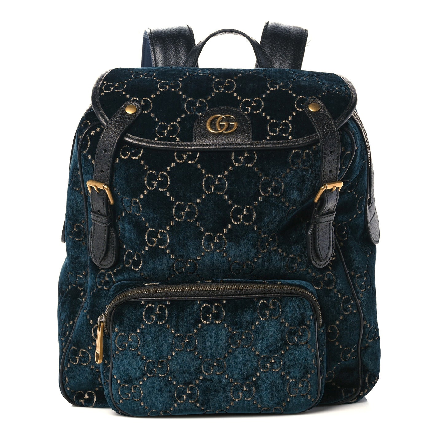 Velvet GG Monogram Textured Calfskin Web Small Double Buckle Backpack Blue Beige Black