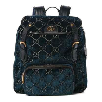 Gucci Velvet GG Monogram Textured Calfskin Web Small Double Buckle Backpack Blue Beige Black 1 of 11