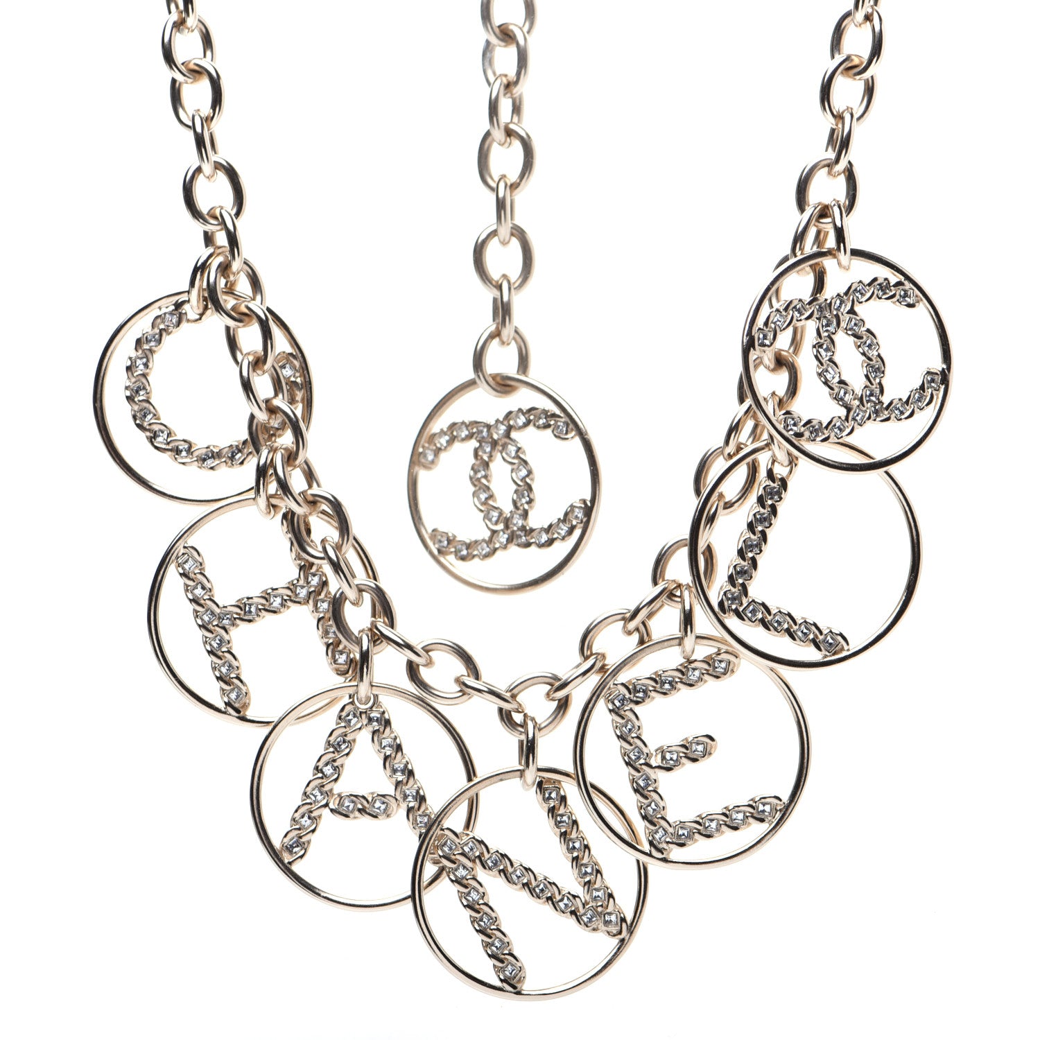 Chanel Metal Strass Crystal Logo Necklace Gold 1 of 7