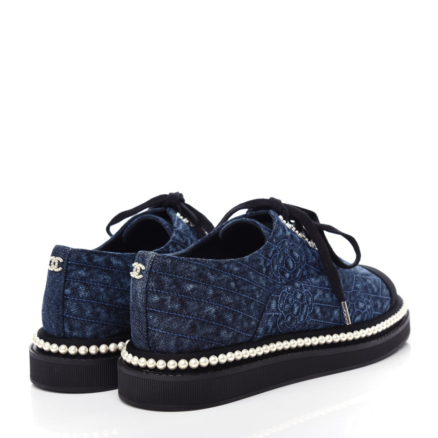 Denim Grosgrain Camellia Pearl Lace Up Sneakers 36 Blue Black