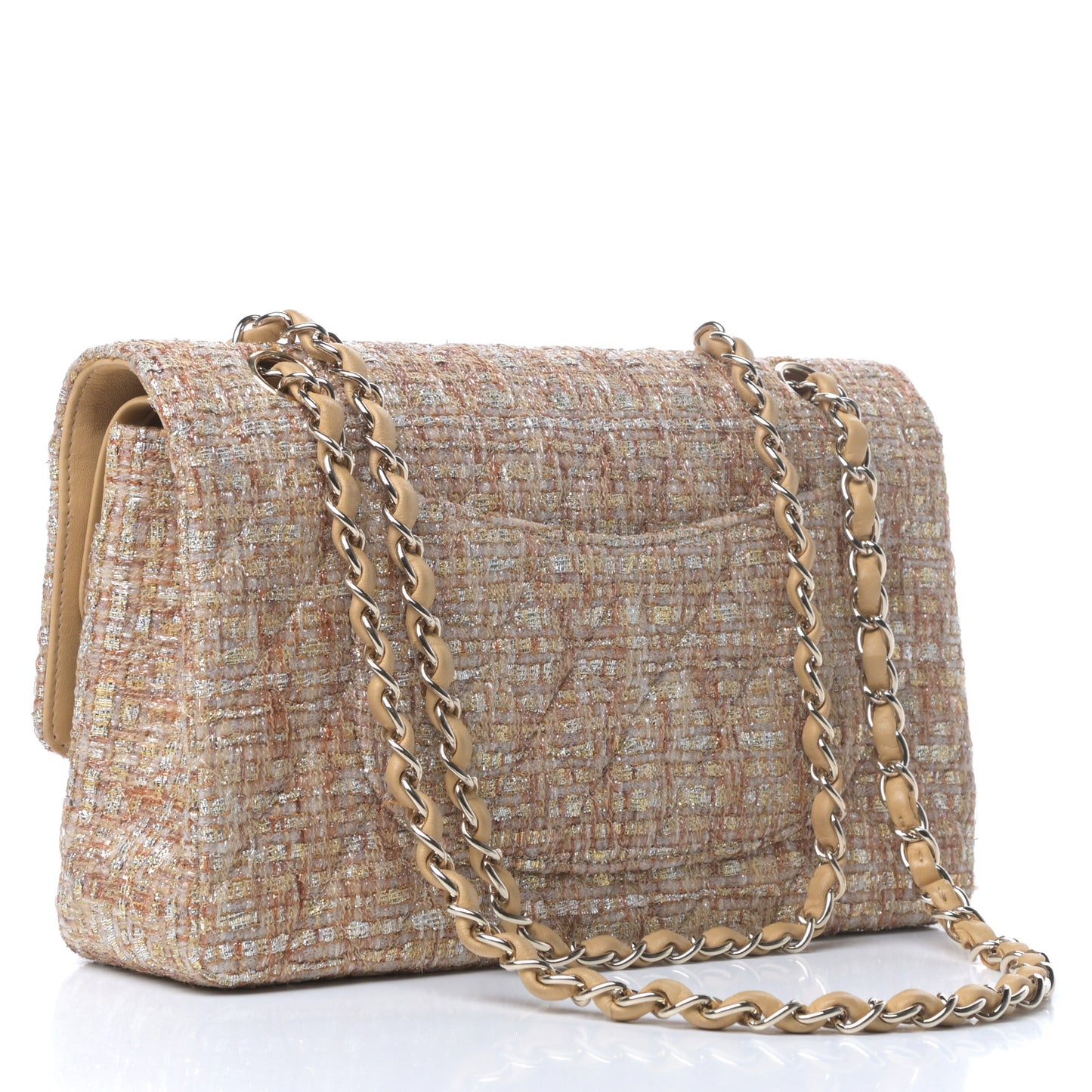 Tweed Quilted Medium Double Flap Brown Gold