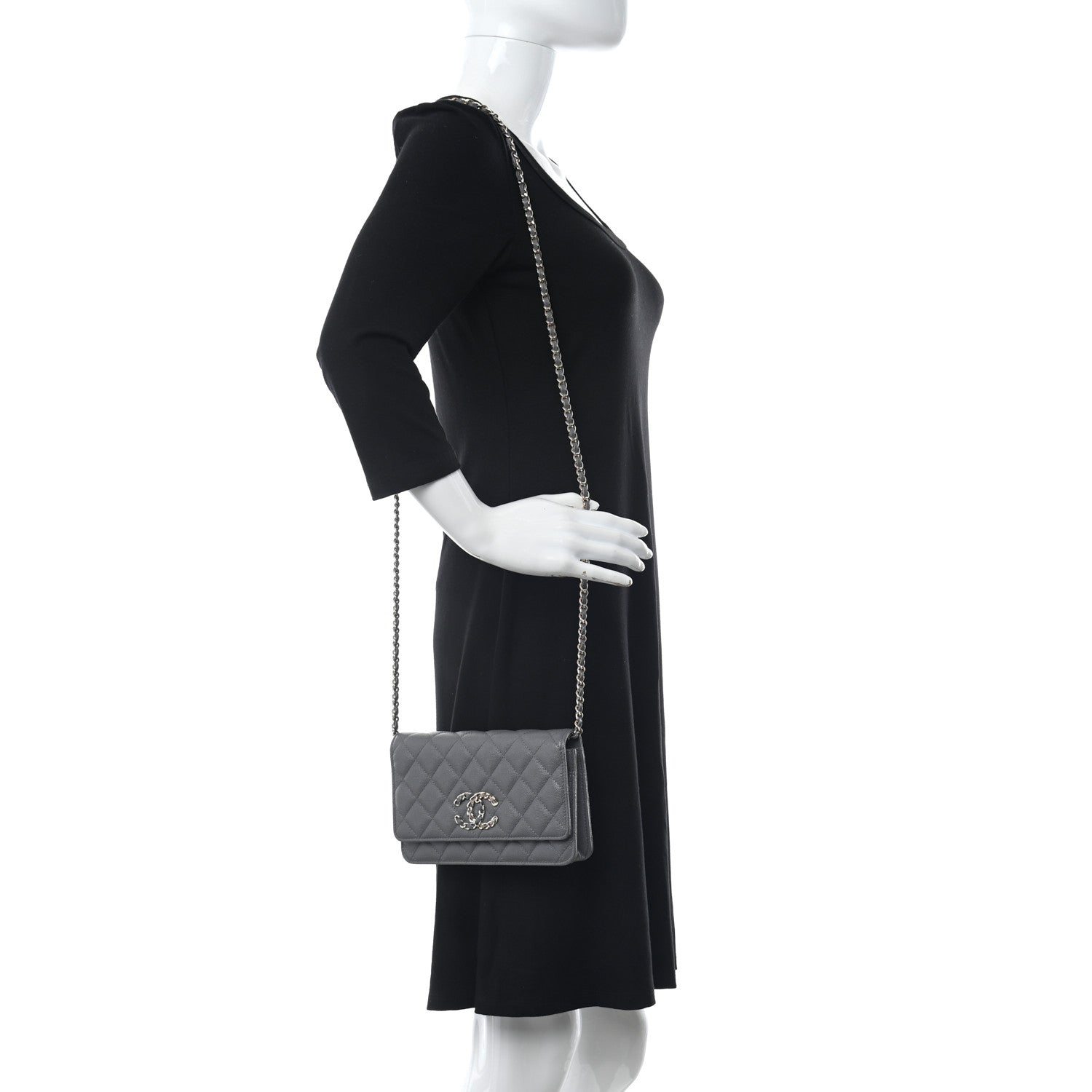 Chanel Caviar Quilted French New Wave Chain CC Wallet On Chain WOC Grey 2 of 12