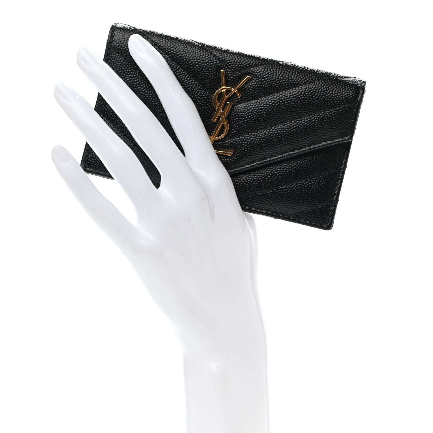 Saint Laurent Grain De Poudre Matelasse Chevron Monogram Compact Wallet Black 2 of 7