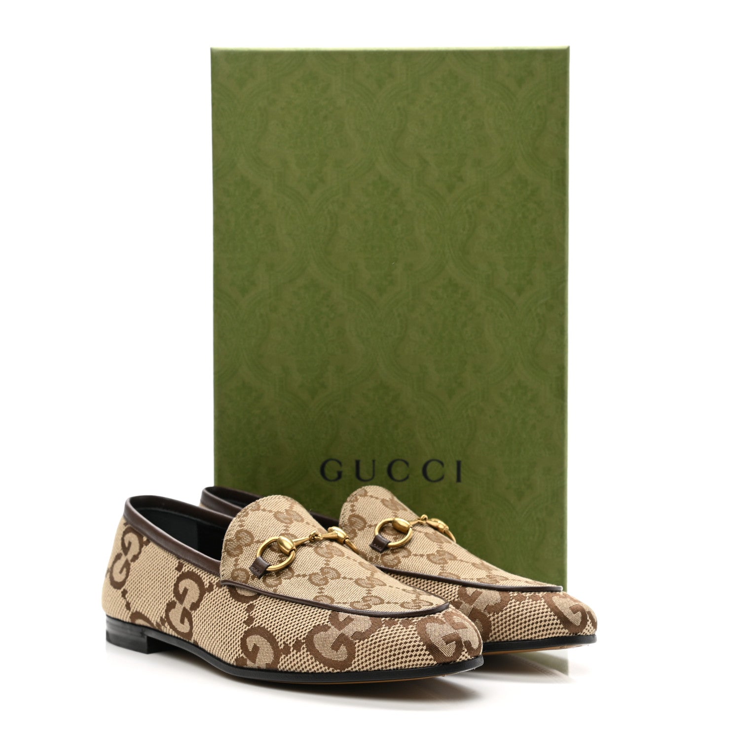 Gucci Monogram Jumbo GG Malaga Kid Horsebit Womens Jordaan Loafers 37 Camel Ebony New Acero Beige 9 of 9