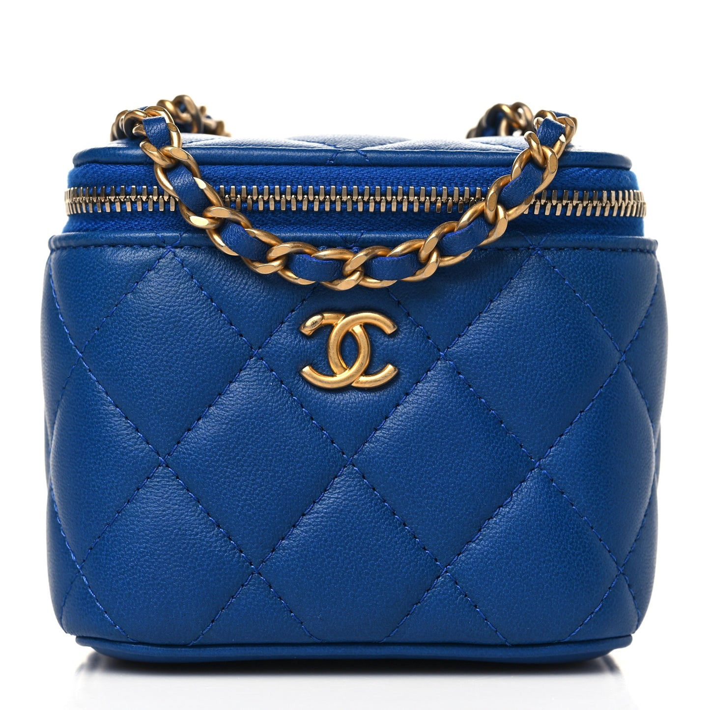 Lambskin Quilted Pearl Crush Mini Vanity Case With Chain Blue