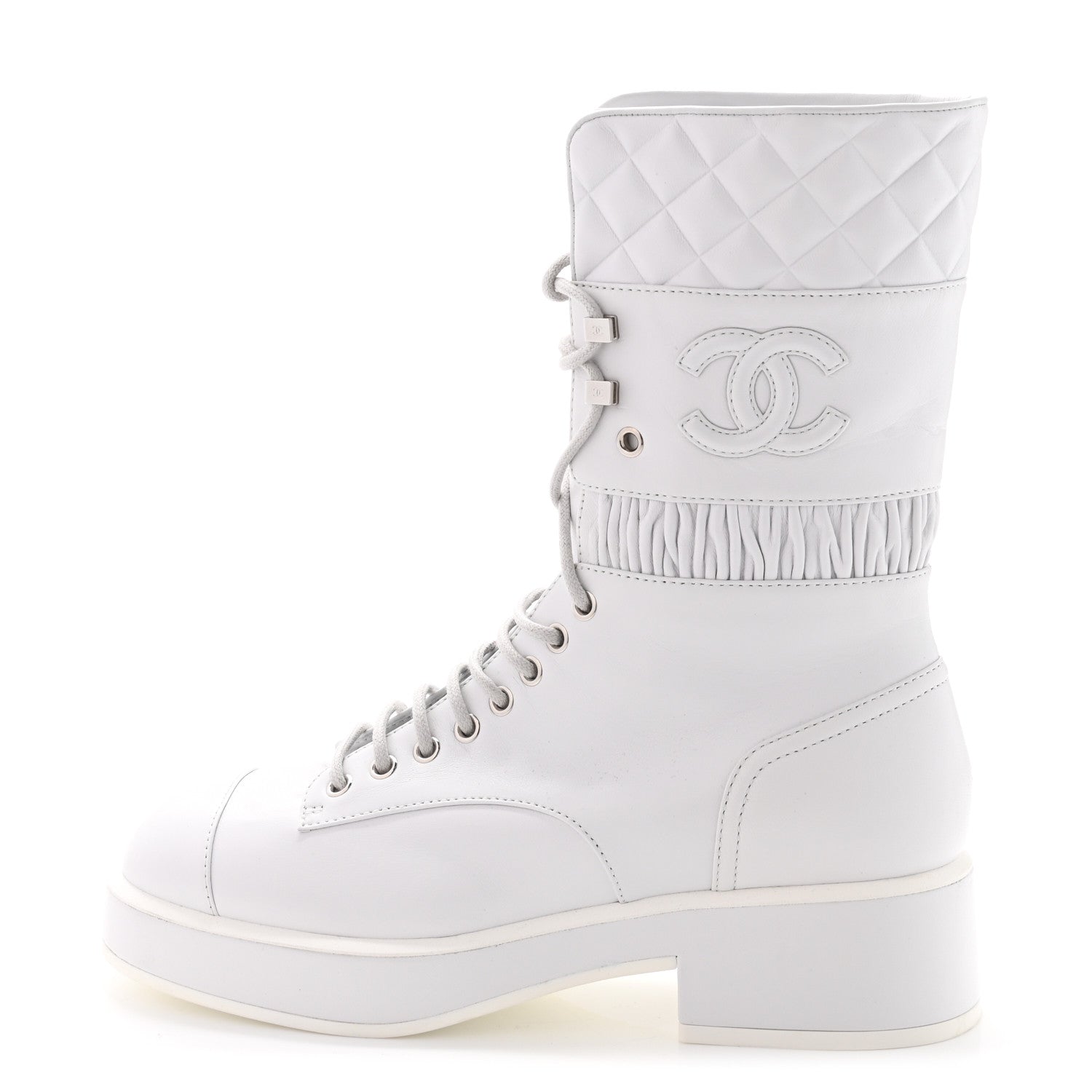 Chanel Lambskin Quilted Lace Up Combat Boots 38 White 1 of 9