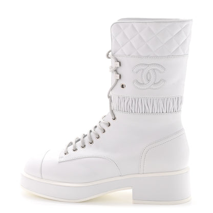 Chanel Lambskin Quilted Lace Up Combat Boots 38 White 1 of 9