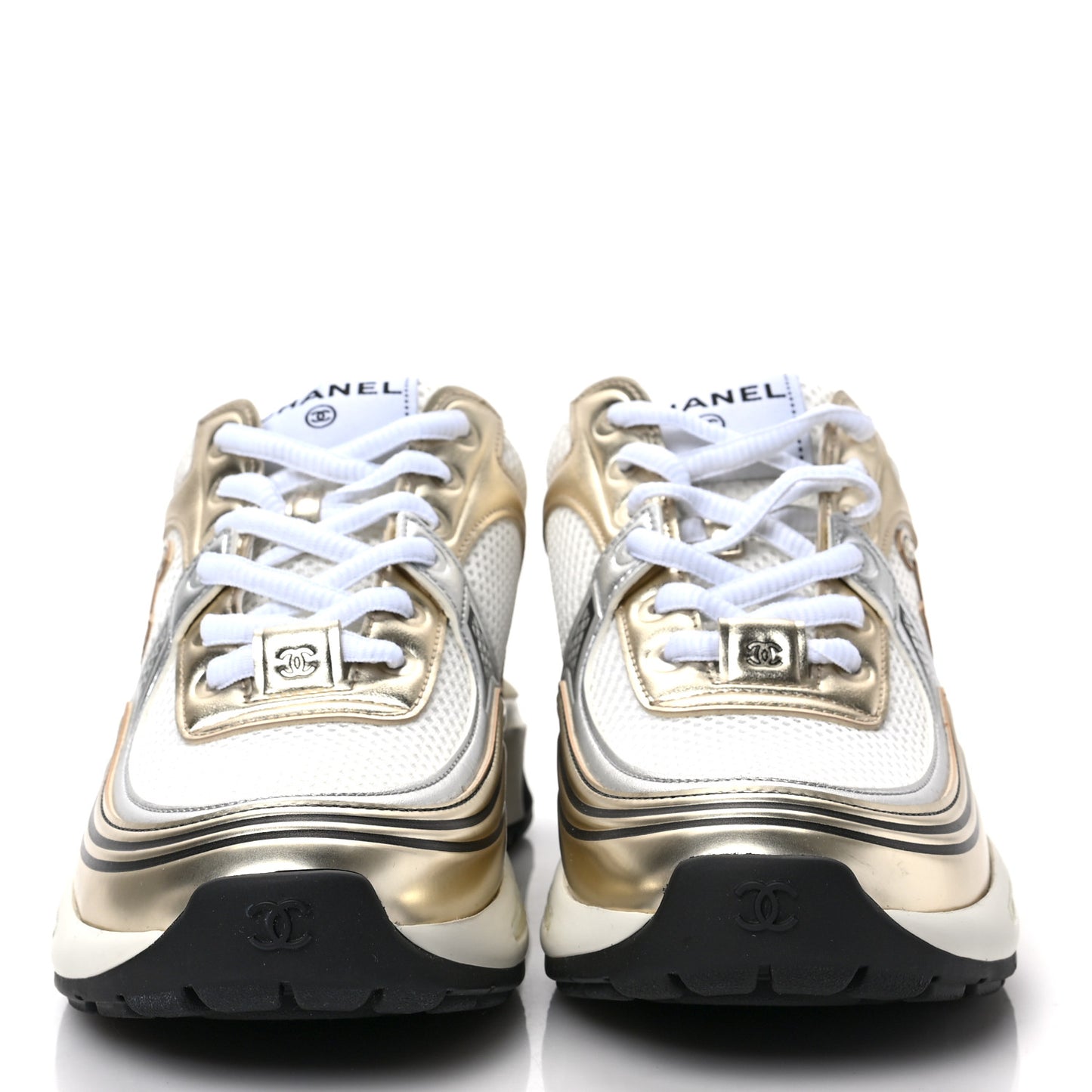 Fabric Laminated Calfskin Stretch CC Sneakers 37 White Gold Silver