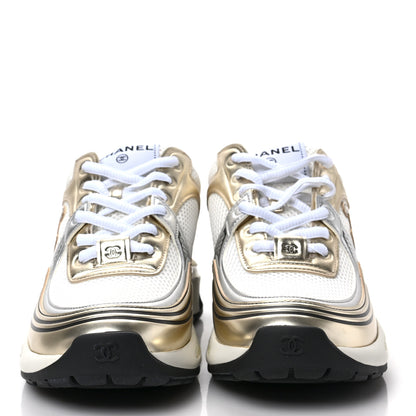 Chanel Fabric Laminated Calfskin Stretch CC Sneakers 37 White Gold Silver 2 of 8