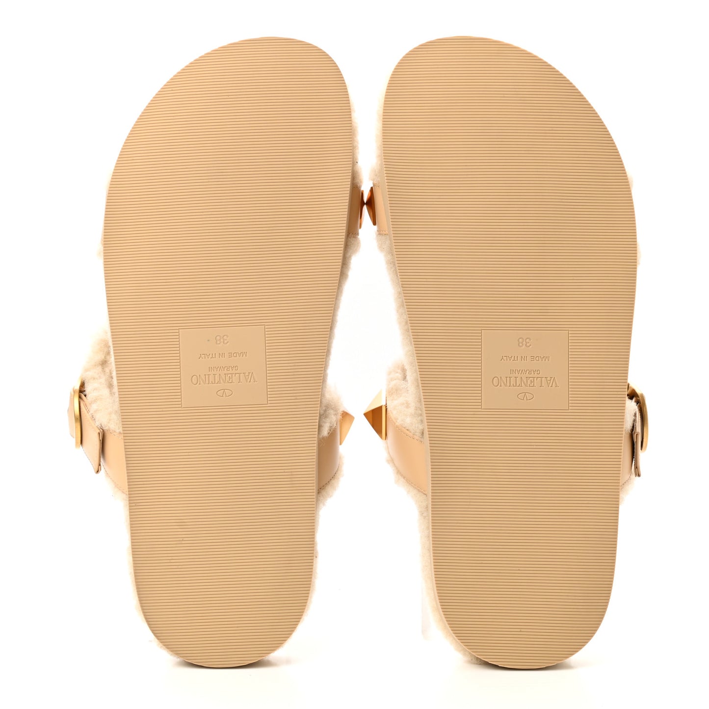 Shearling Roman Stud Slide Sandals 38 Sahara Beige