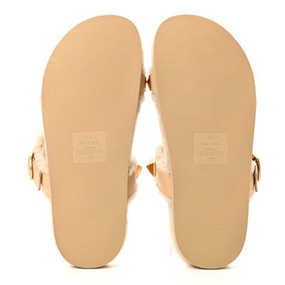 Valentino Garavani Shearling Roman Stud Slide Sandals 38 Sahara Beige 5 of 8