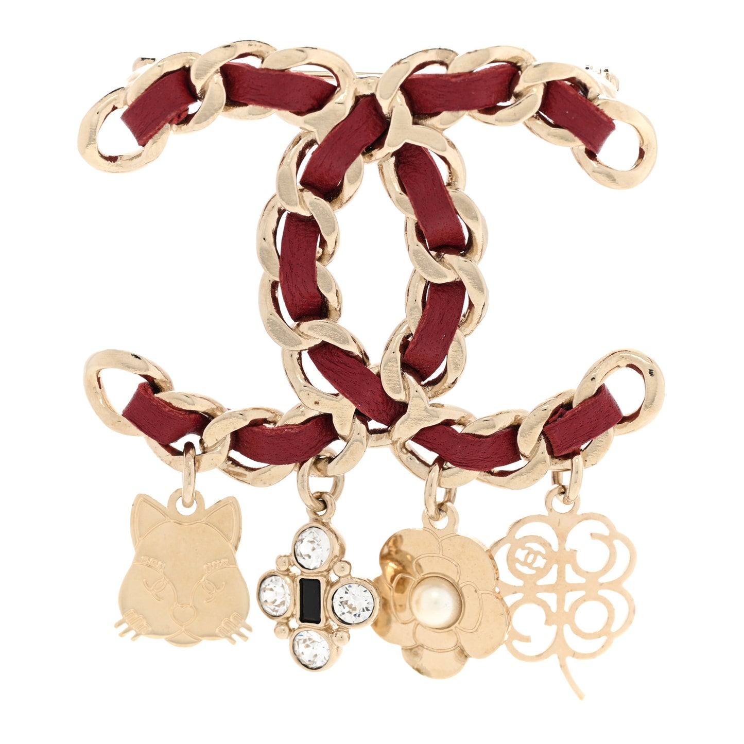 Lambskin Crystal Chain CC Charms Brooch Burgundy Gold