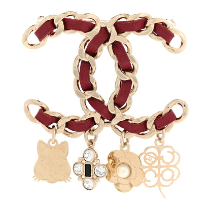 Chanel Lambskin Crystal Chain CC Charms Brooch Burgundy Gold 1 of 5